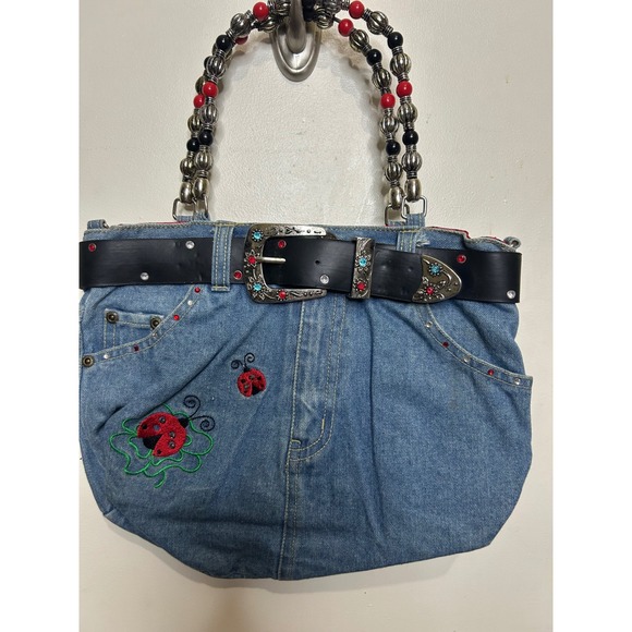 Denim Upcycled Beaded Purse Jean Handbag Ladybug Embellished Belt 13"x11" - Picture 1 of 5